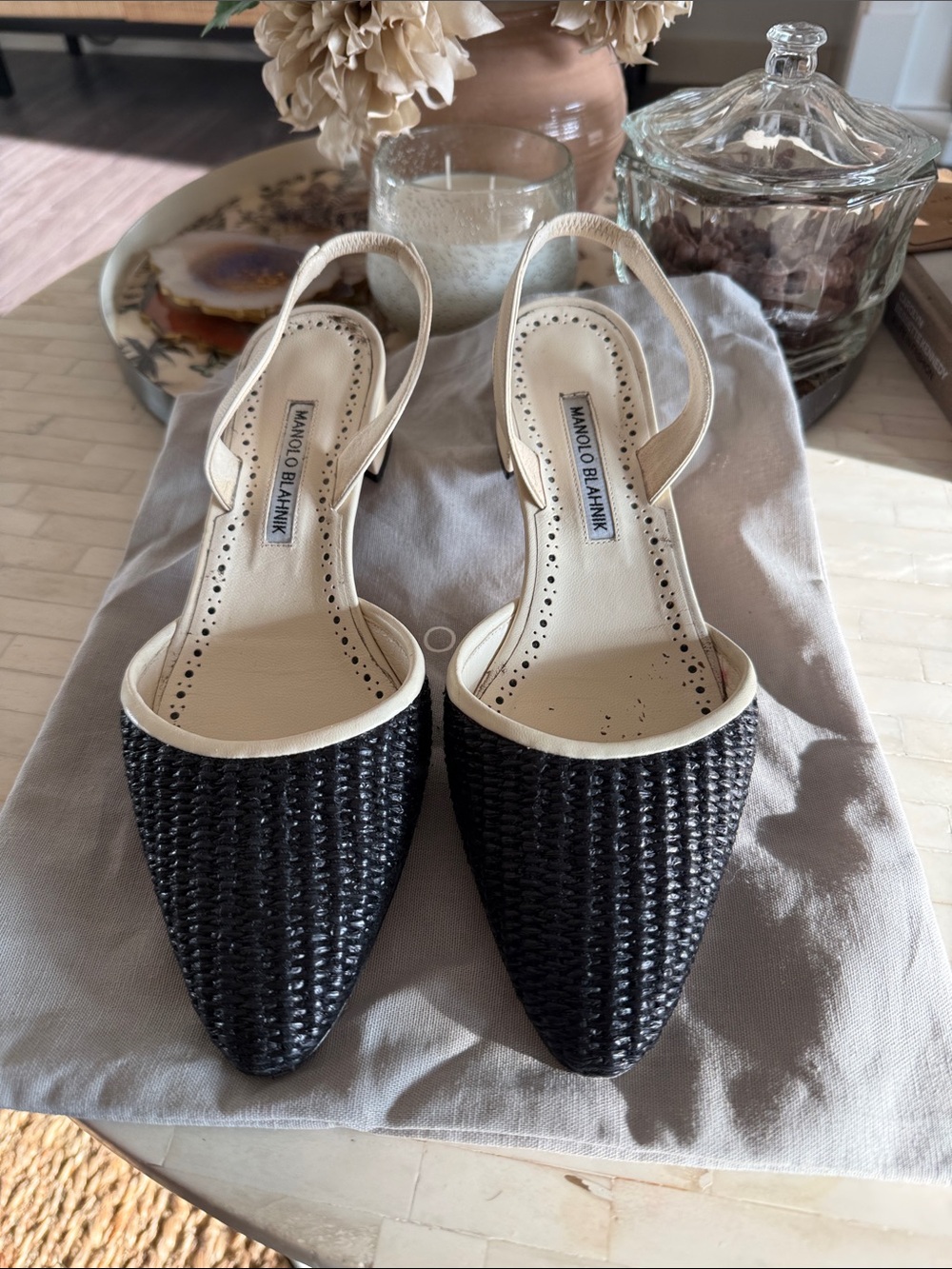Manolo Blahnik Black Woven Slingback